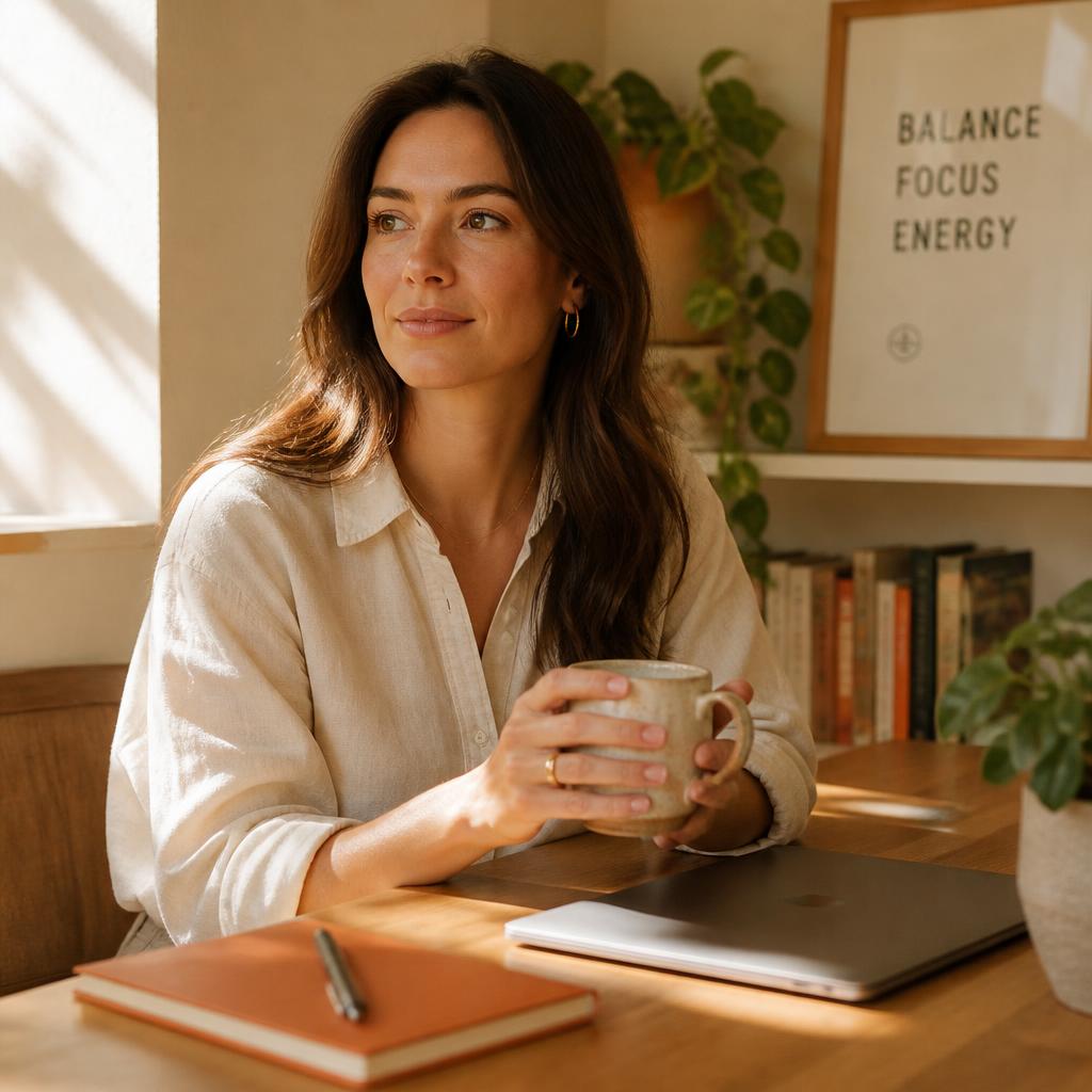 A calm professional holding a mug of tea at a tidy desk, laptop closed