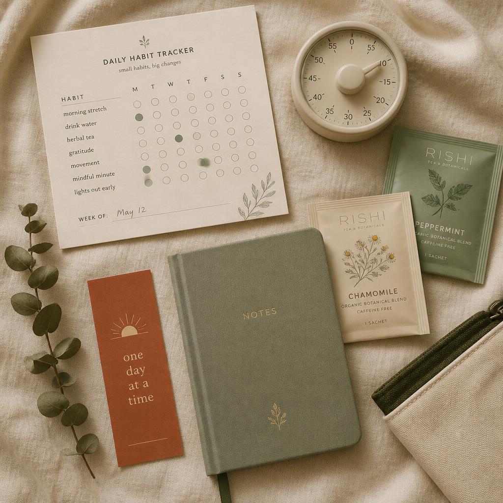 Flat-lay of the wellness kit: habit tracker card, timer, tea sachets, and notebooks